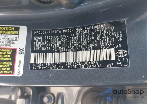 2018 Toyota Corolla Le Eco z USA, uszkodzony, nr VIN 2T1BPRHEXJC112661